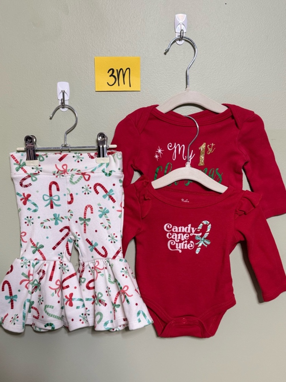 NWOT Baby Essentials 3 Piece Red & White Candy Cane Holiday Baby Outfit Set, 3M